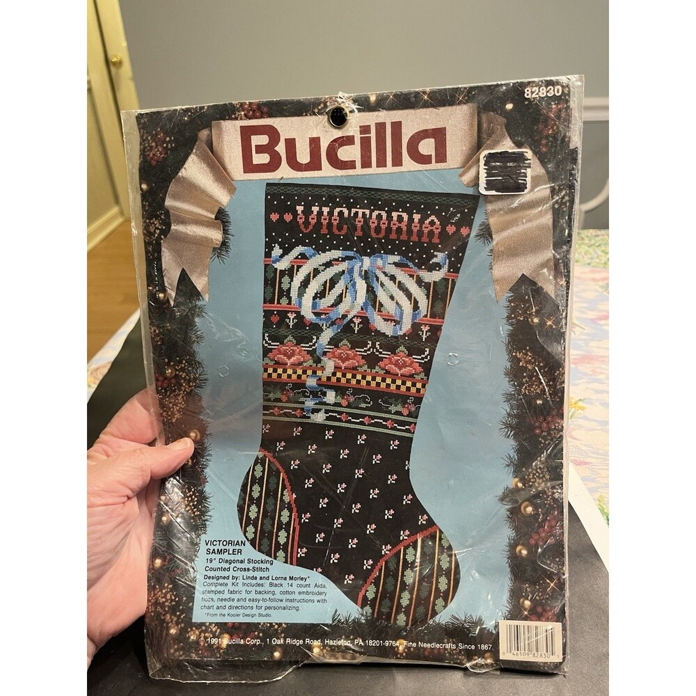 1991 Bucilla Black Floral Victorian Christmas Stocking Cross Stitch Kit NOS